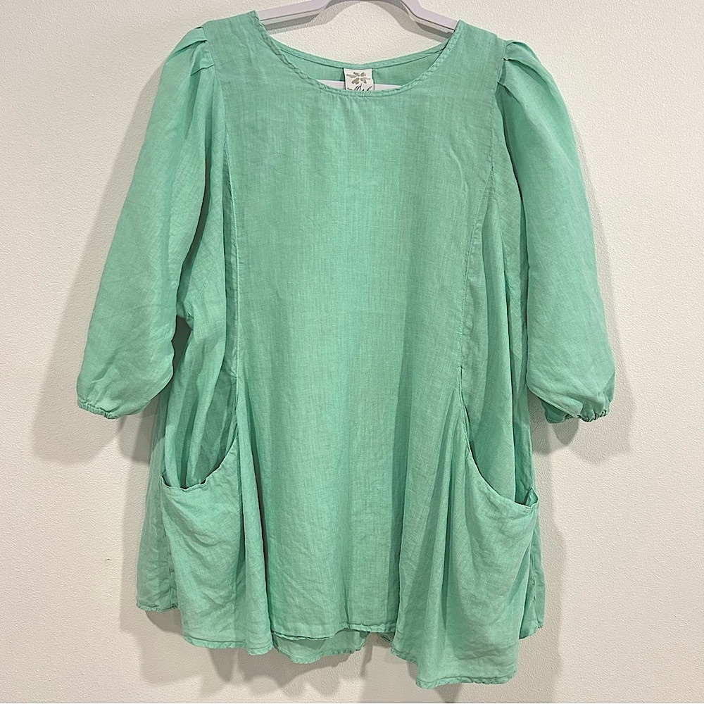 Match Point 100% Linen Tunic Mid Sleeve Top Mint Green Seafoam Lagenlook Size L